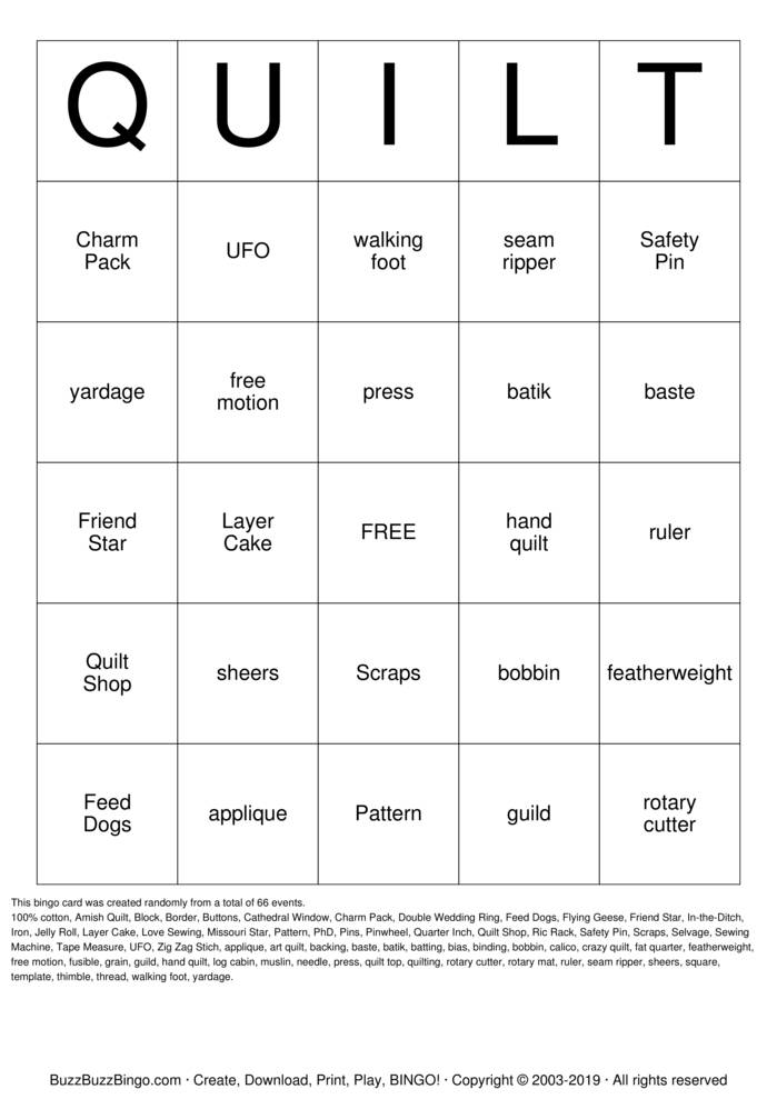 QUILT Bingo Cards to Download, Print and Customize!