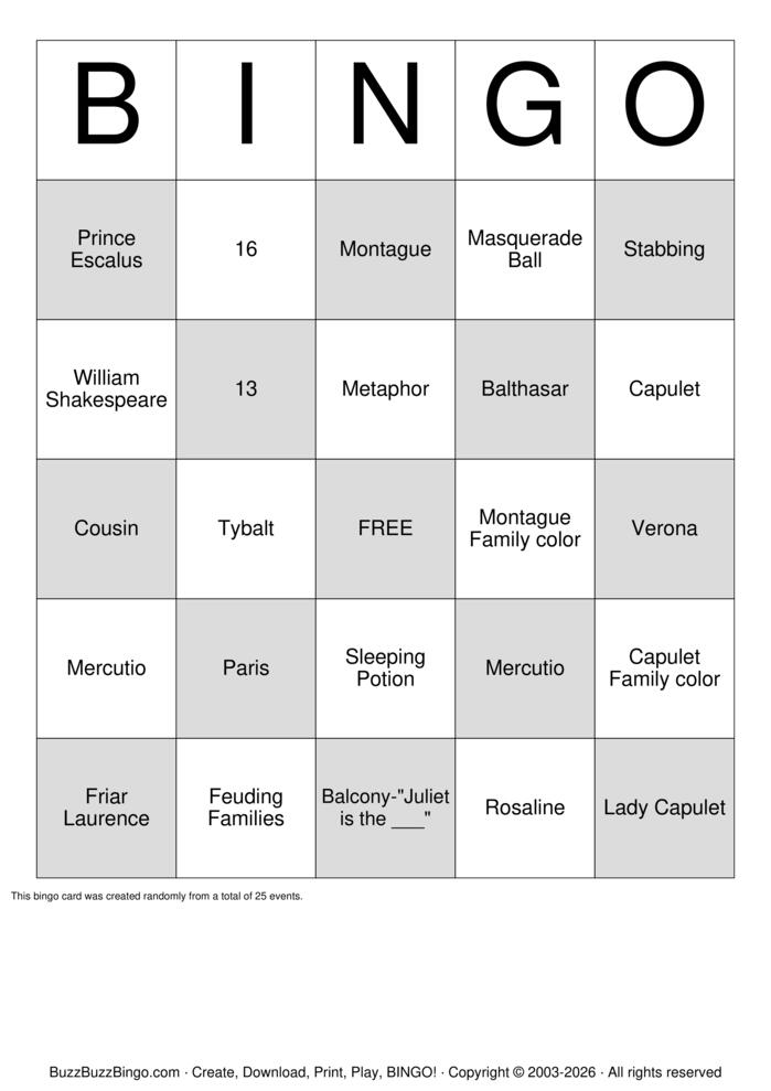 Download Free Romeo and Juliet Bingo Cards