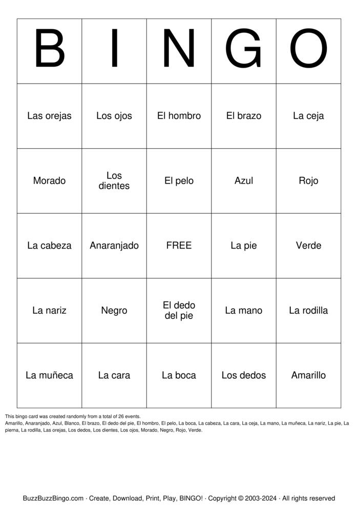 Download Free Spanish Body Parts Bingo Cards