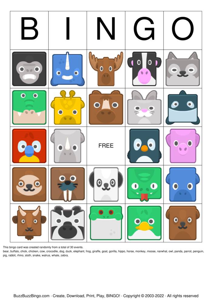 Download Free Square Images of Animal Faces Bingo Cards