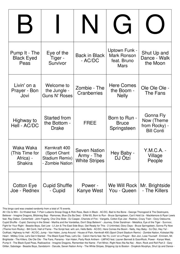 Download Free Stadium Sports Anthems Bingo Cards