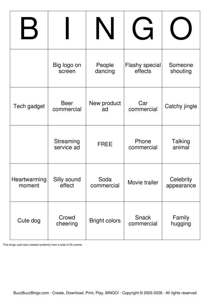 Superbowl Commercial Bingo! Bingo Cards to Download, Print and Customize!