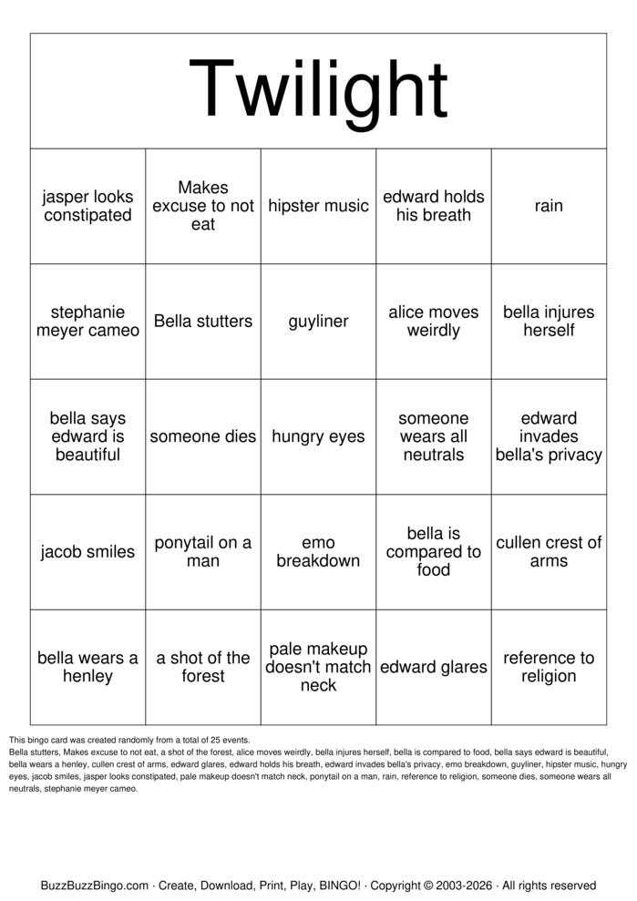 Download Free TWILIGHT BINGO Bingo Cards Download Free TWILIGHT BINGO Bingo Cards