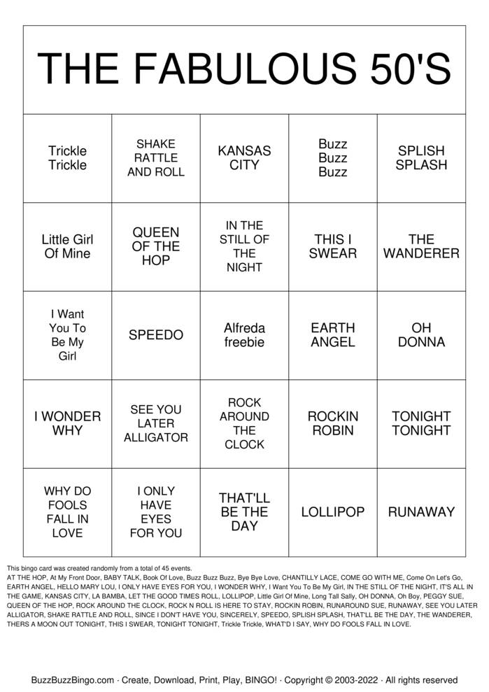 Download Free The FABULOUS 50'S Bingo Cards