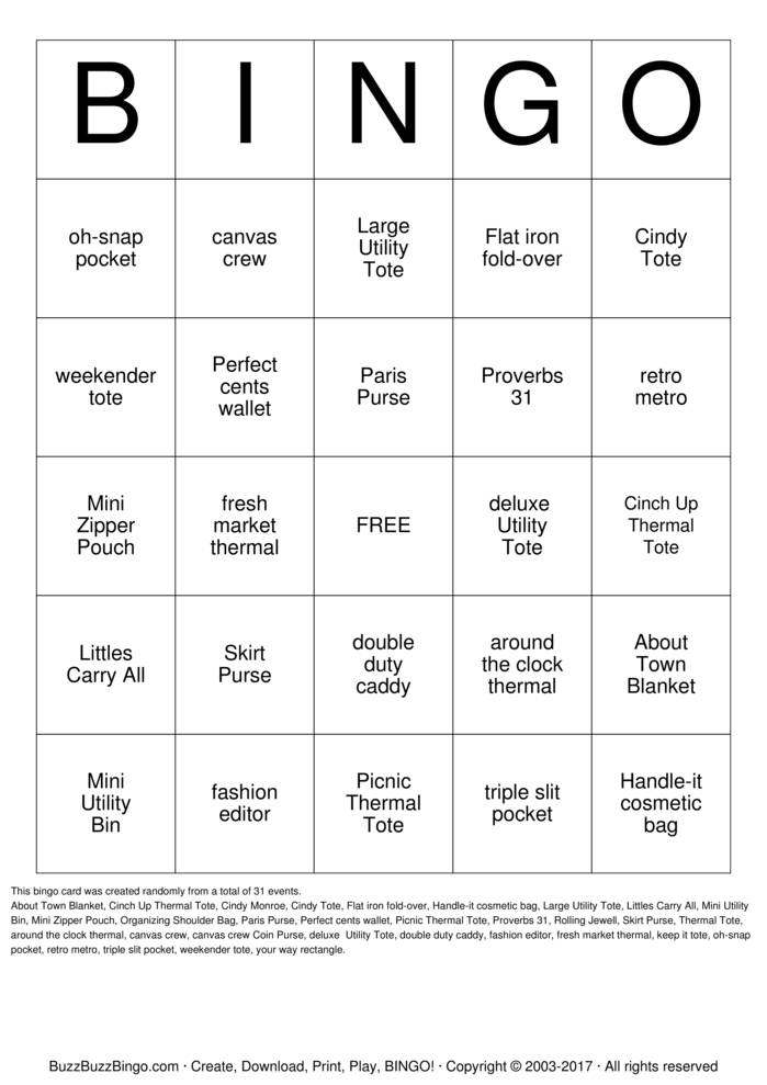Download Free Thirty One Bingo Cards Download Free Thirty One Bingo Cards