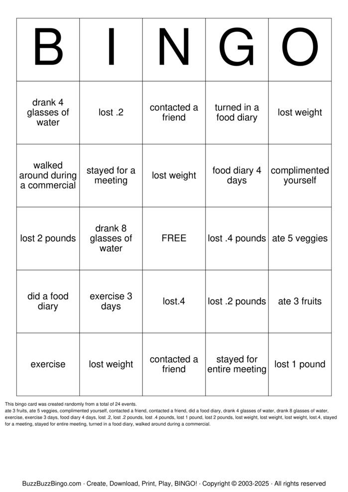 Download Free Tops weight loss Bingo Cards