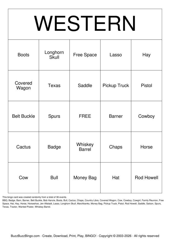 Download Free WESTERN  Bingo Cards