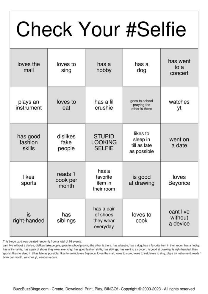 selfie Bingo Cards to Download, Print and Customize!