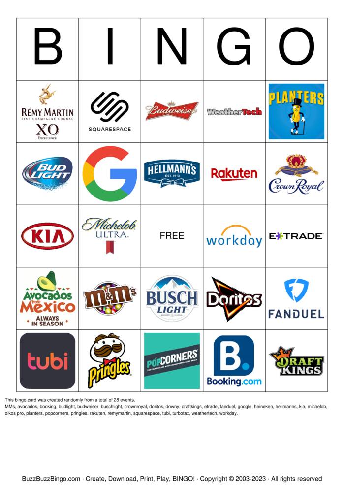 Download Free 2022 Superbowl Commercial Logos Bingo Cards