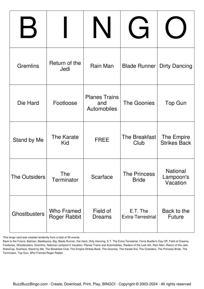 Download Free 80s Movies Bingo Cards