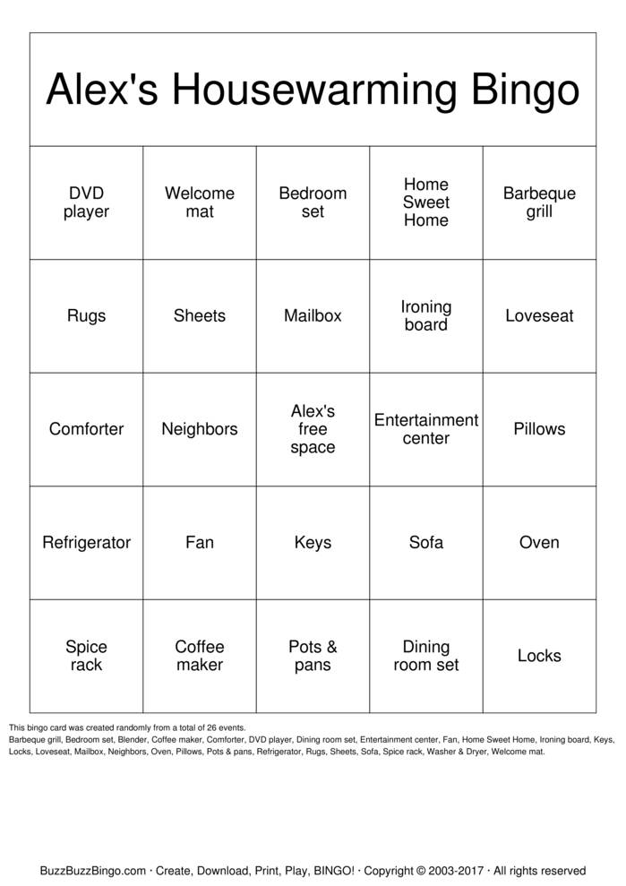 Alex's Housewarming Bingo Cards to Download, Print and Customize!