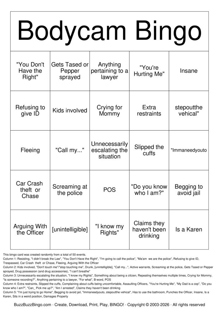 Download Free BUDDY'S BODY CAM  Bingo Cards