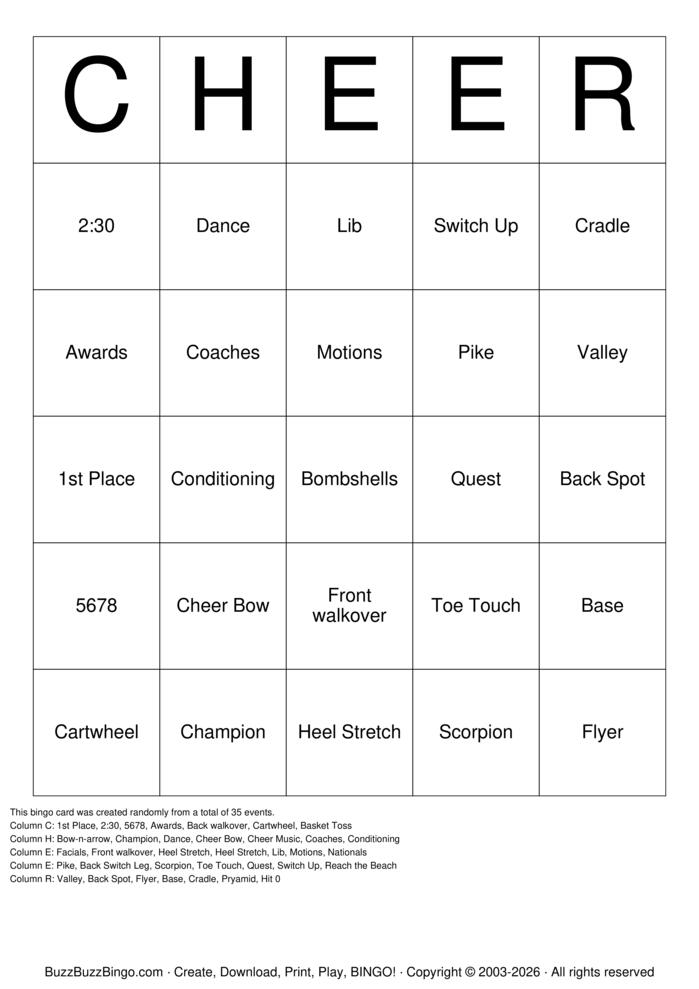 Download Free CHEER Bingo Cards