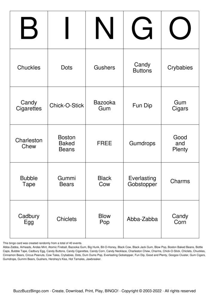 Download Free Candies Bingo Cards