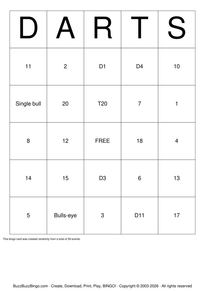 Download Free Darts Bingo Cards