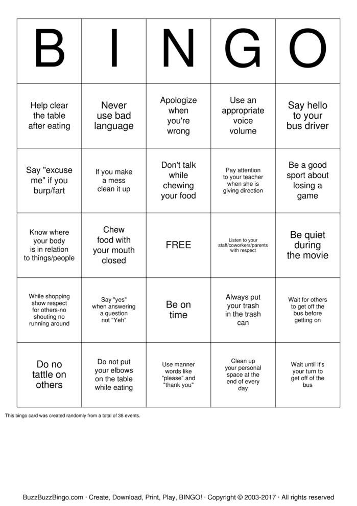 Manners Bingo Cards to Download, Print and Customize!