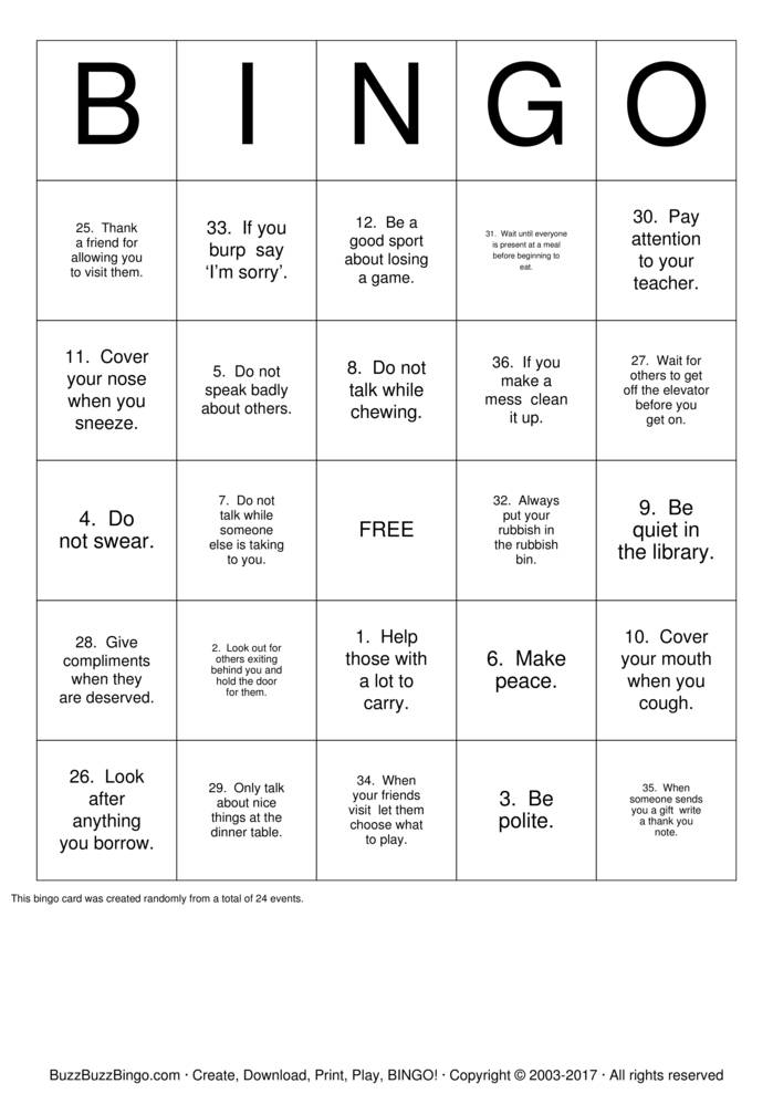 Manners Bingo Cards to Download, Print and Customize!