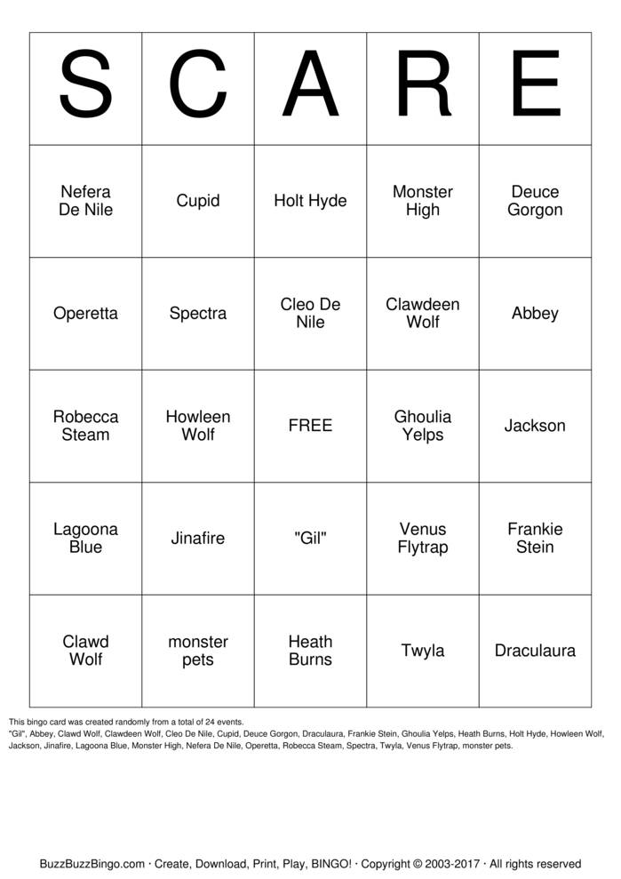 Monster High Bingo Cards to Download, Print and Customize!