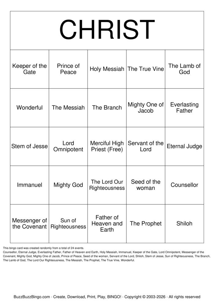 Download Free Names of Christ Bingo Cards Download Free Names of Christ Bingo Cards