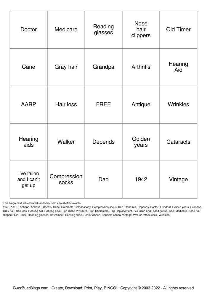 Over The Hill Bingo Cards to Download, Print and Customize!