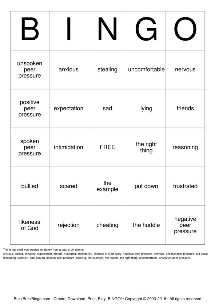 Download Free Peer Pressure Bingo Cards Download Free Peer Pressure Bingo Cards