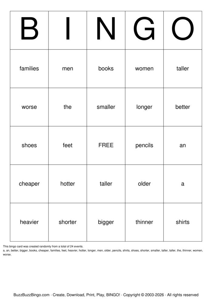 Download Free Plurals, Comparative Adjectives,Articles Bingo Cards Download Free Plurals, Comparative Adjectives,Articles Bingo Cards