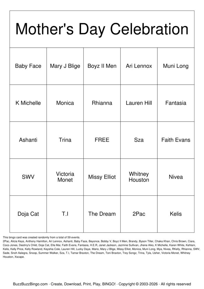 Download Free R&B & Roses (Mother's Day Celebration) Bingo Cards Download Free R&B & Roses (Mother's Day Celebration) Bingo Cards