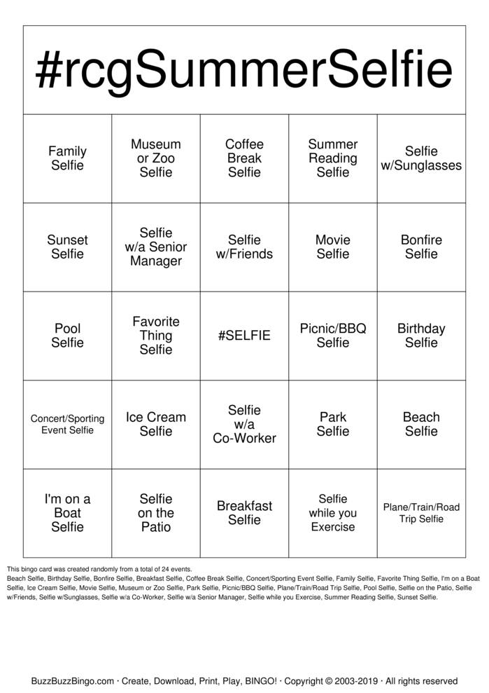RCG Summer Selfie Bingo Cards to Download, Print and Customize!