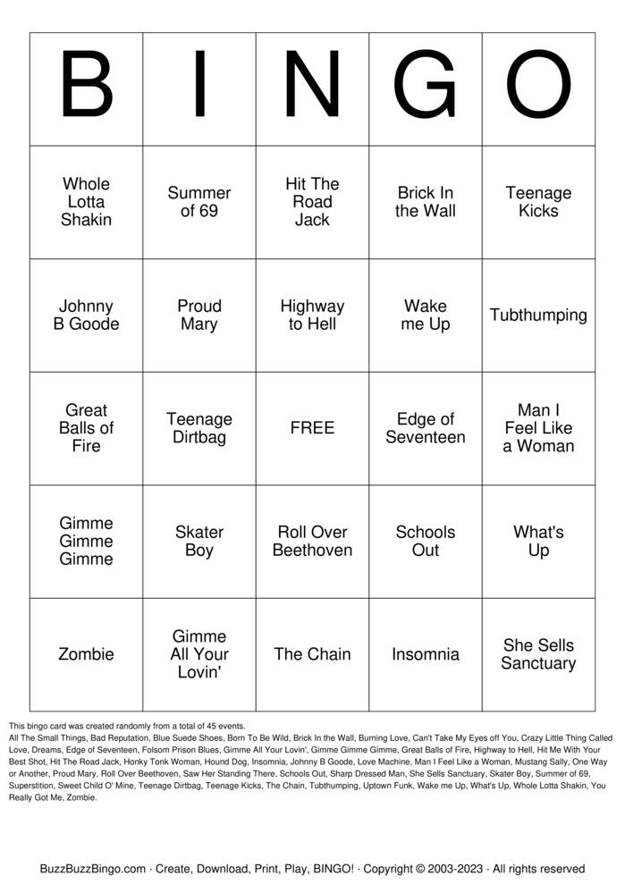 Download Free Rock 'N' Roll Bingo Cards Download Free Rock 'N' Roll Bingo Cards