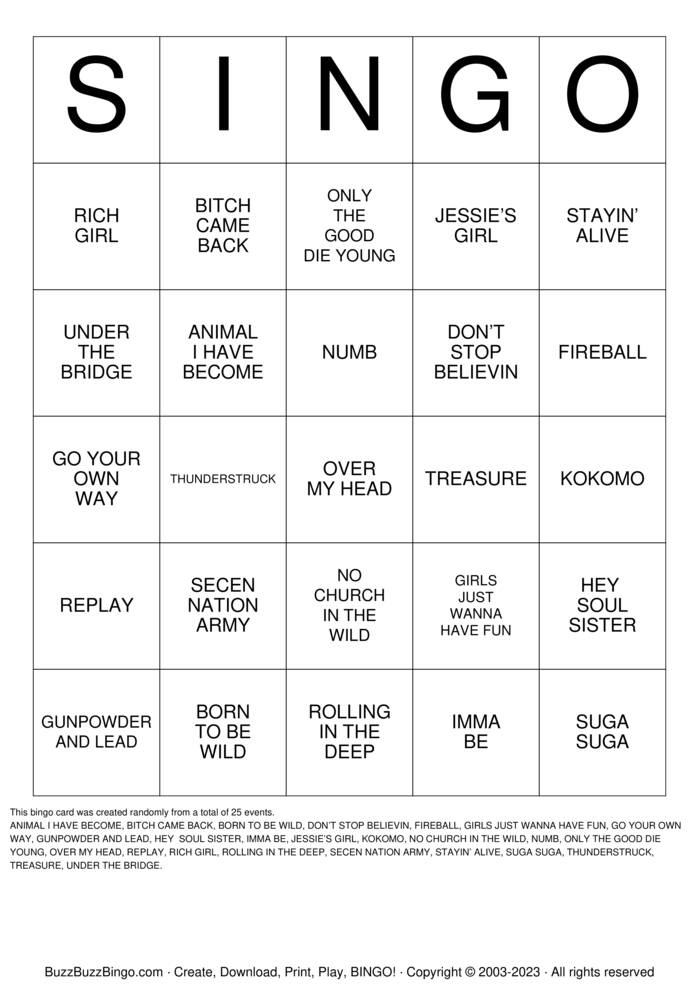 Download Free SINGO - CLASSIC Bingo Cards