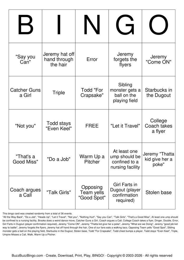 Download Free Softball Bingo Bingo Cards