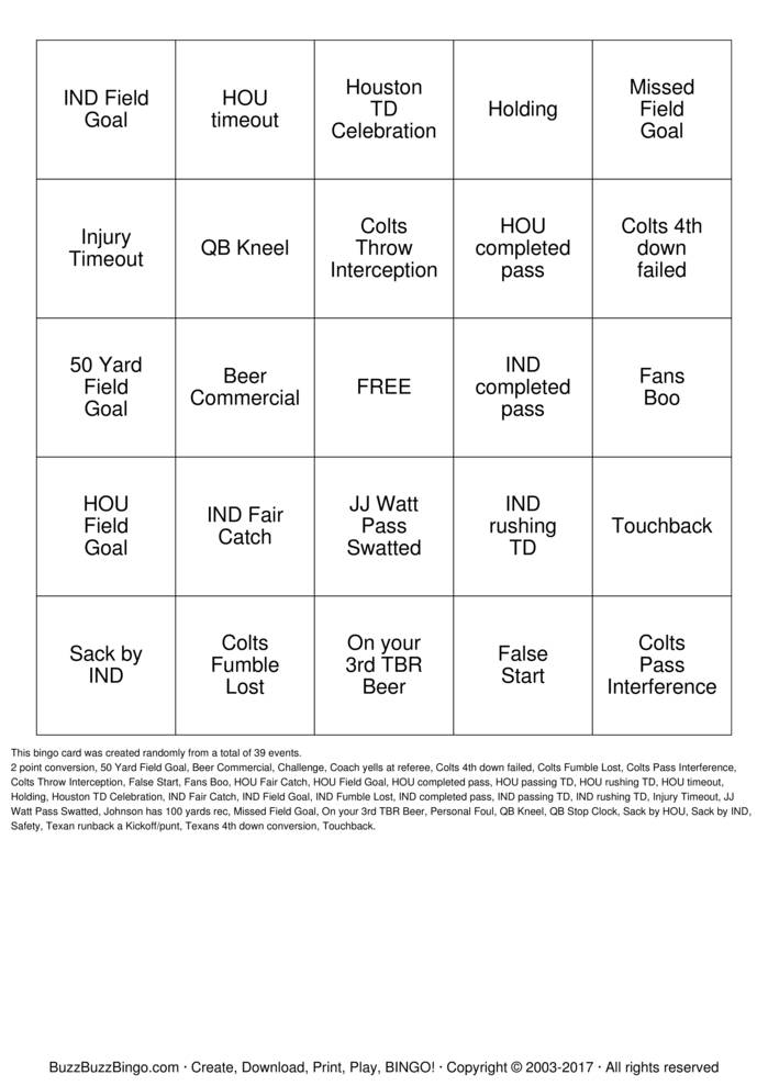 Download Free TBR Football Bingo Bingo Cards