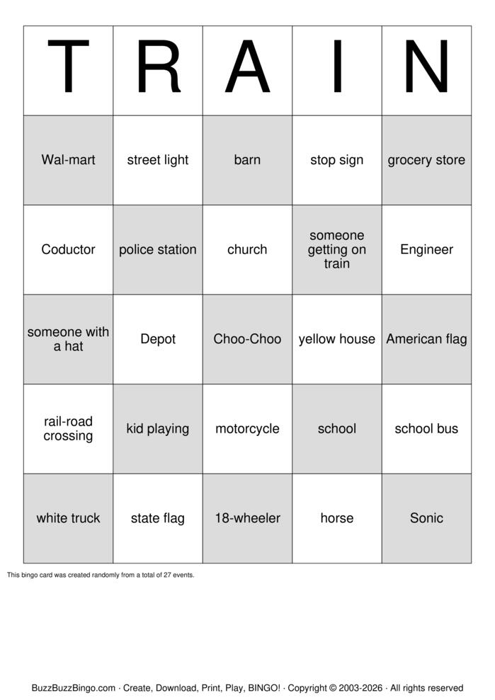 Download Free Train to Charleston SC  Bingo Cards
