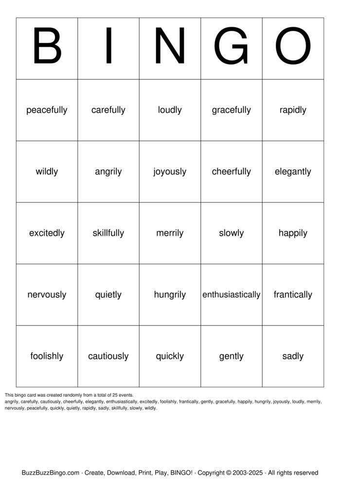 Download Free adverb Bingo Cards