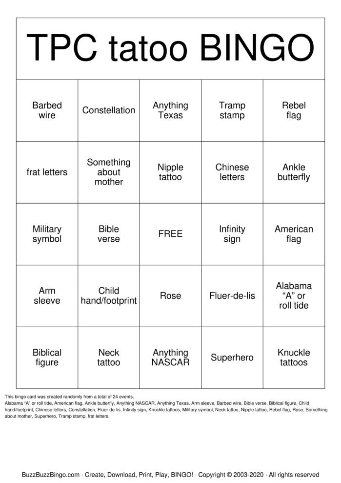 Download Free tattoo Bingo Cards