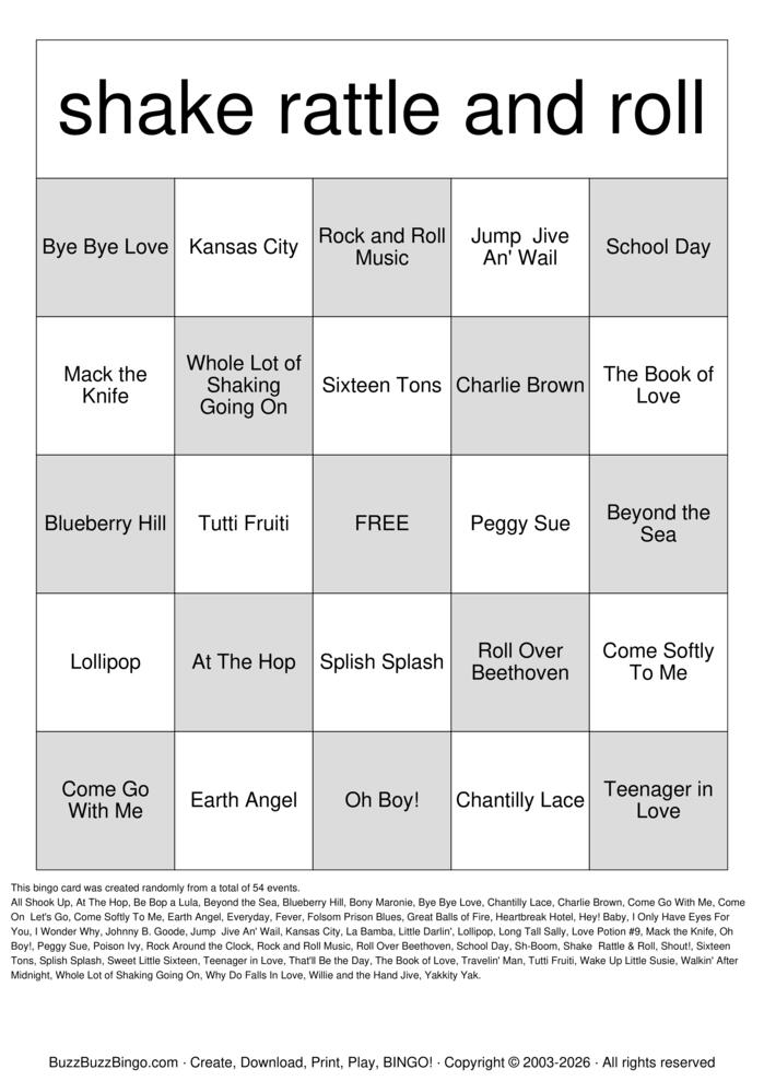 Download Free 1950s Bingo Cards Download Free 1950s Bingo Cards