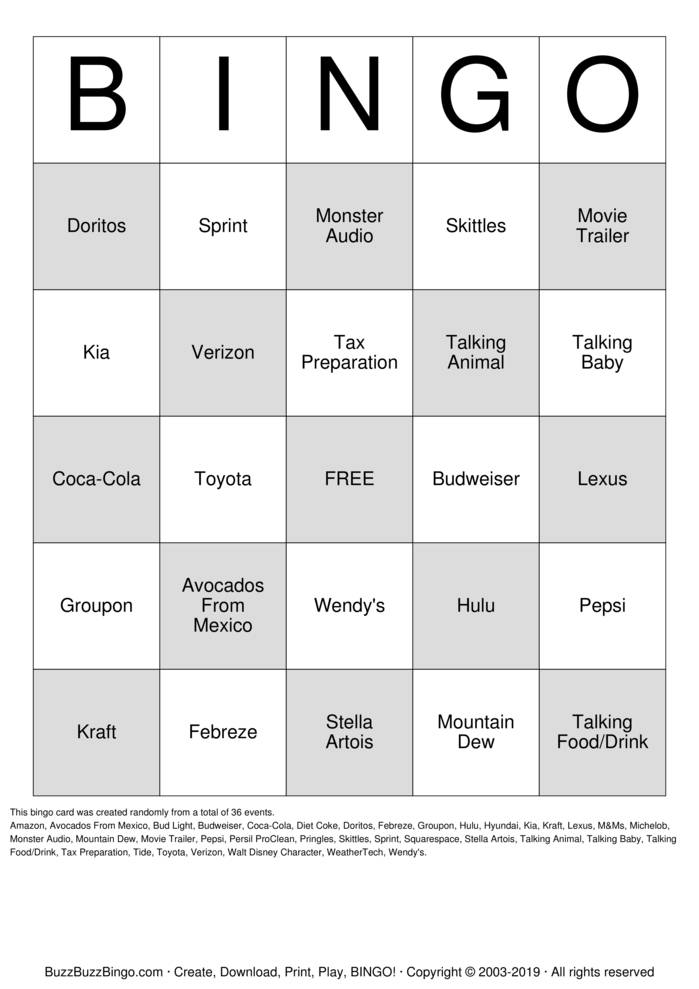 2019 Superbowl Commercials Bingo Cards to Download, Print and Customize!