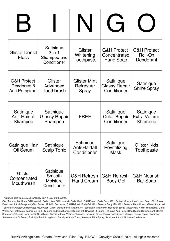 Download Free Amway Personal Care Products Bingo Cards