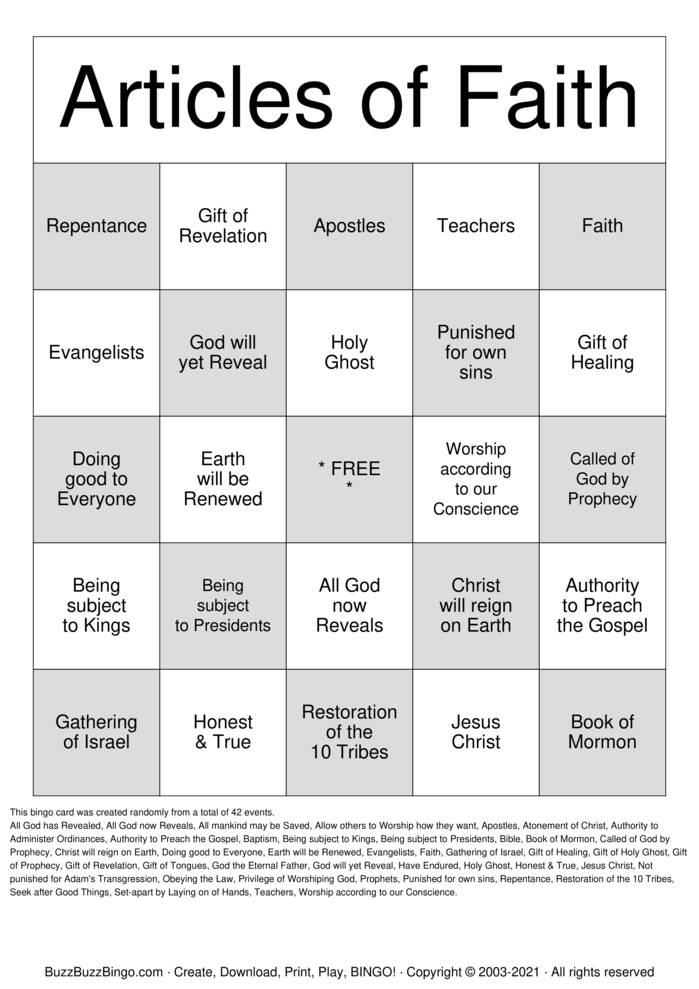 Download Free Articles of Faith Bingo Cards