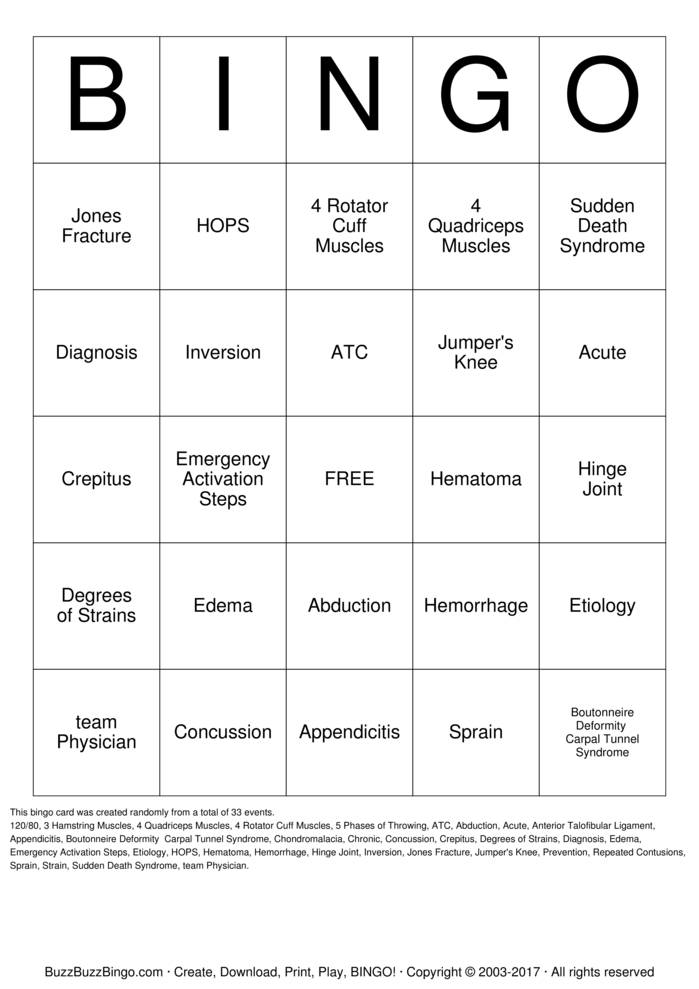 Athletic Medicine FINAL Bingo Cards to Download, Print and Customize!