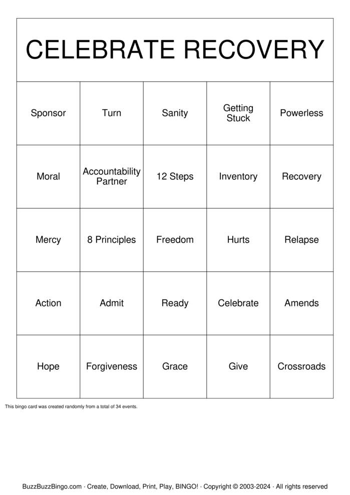 Download Free Celebrate Recovery Bingo Cards
