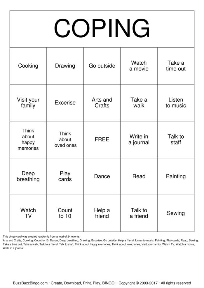 Coping skills bingo cards to download print and customize 
