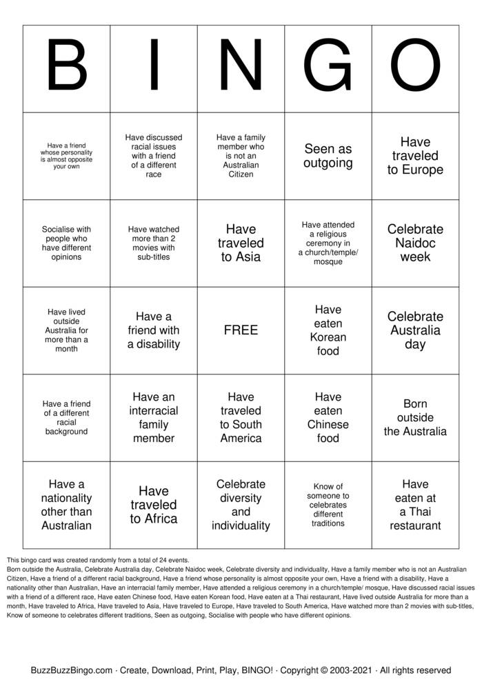 Download Free Cultural Diversity Bingo Cards