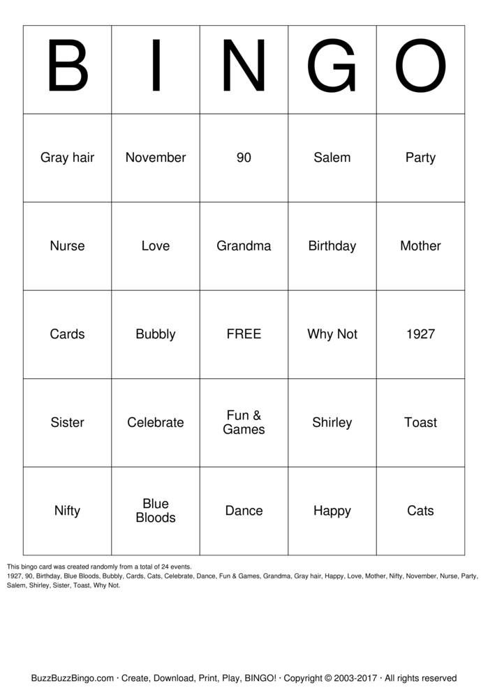 Download Free Happy 90th Birthday Shirley Bingo Cards