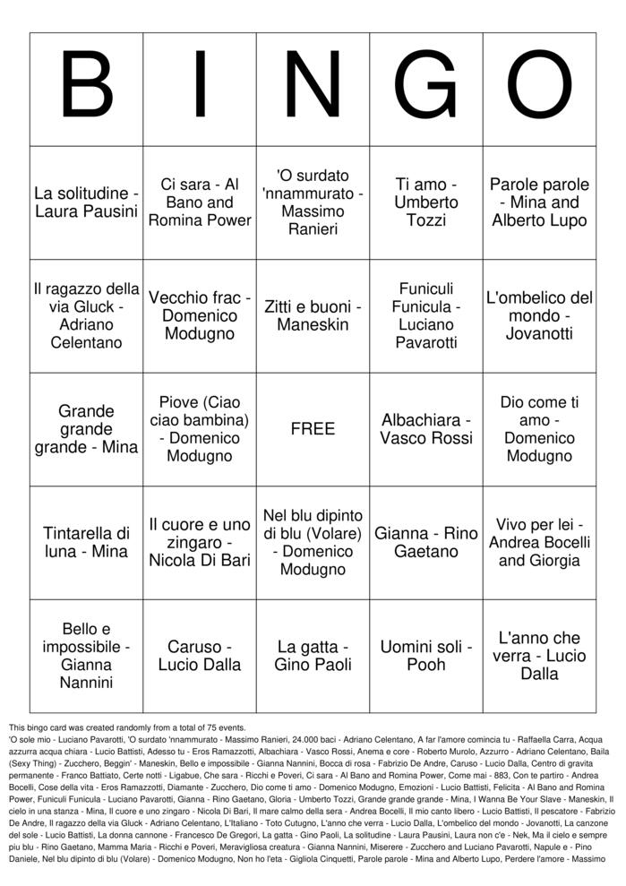 Download Free Italian Classics Bingo Cards