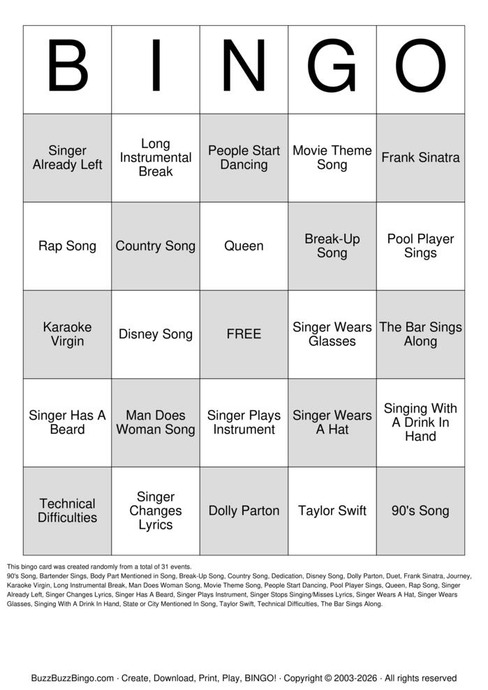 Download Free KARAOKE Bingo Cards Download Free KARAOKE Bingo Cards