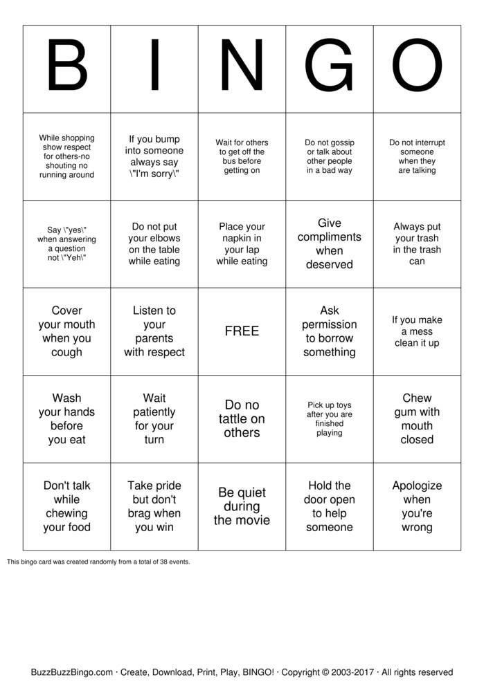 Download Free Manners Bingo Cards