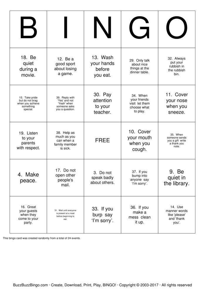 Manners Bingo Cards to Download, Print and Customize!