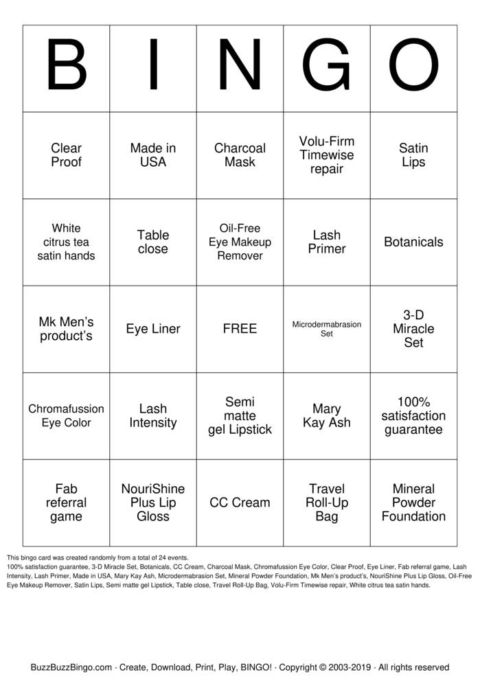 Download Free Mary Kay Bingo Cards