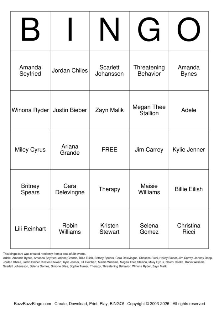 Download Free Mental Health Celebrity Bingo Bingo Cards